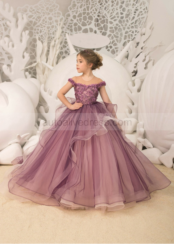 Beaded Purple Tulle Floor Length Horsehair Hem Flower Girl Dress